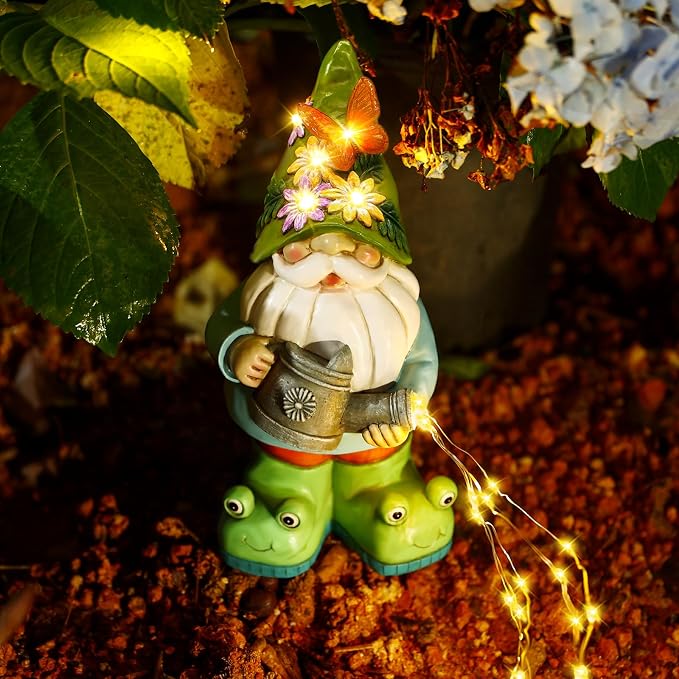 Solar Watering Can Gnome Resin LED Garden Statue | IP65 weatherproof figurine with 30 cascading warm lights; holiday gift for women & mom