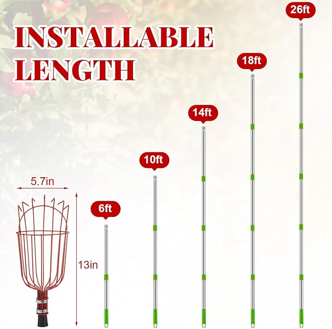 Colingmill 26ft Fruit Picker Pole with Basket, Telescoping Fruit Picking Tool with Soft Cushion, Extendable Harvester for High Trees, No Ladder Needed for Apple, Cherry, Orange, Citrus, Peach