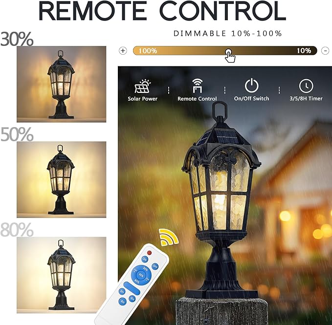 Emliviar 19" Portable Solar Post Light for Patio and Camping, Table Lamp with Pier Mount Base in Black Finish, Outdoor Solar Lighting with Water Grain Glass Shade, YXE302P-ML SL BK