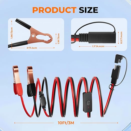 14AWG 10FT SAE to Battery Alligator Clips Cable,12V SAE 2Pin Quick Disconnect Crocodile Cable with 15A Fuse for Solar Power, Battery, Motorcycle, Car, RV, TruckWater Resistant Charging Extension