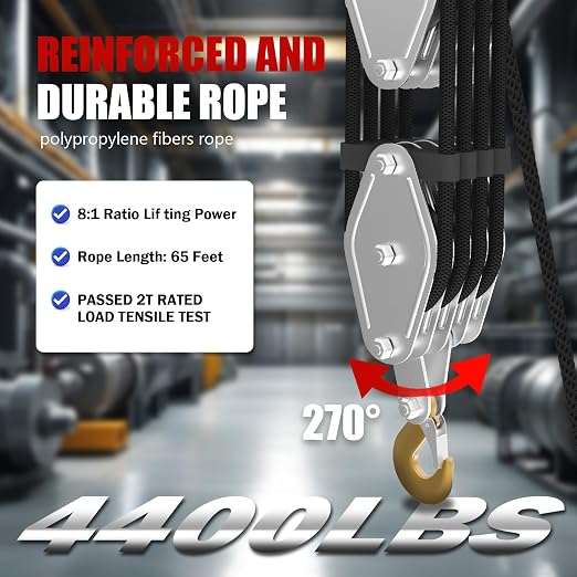 YATOINTO Rope Hoist Pulley System with Rope Guide Metal Bearing, 4400LB Pulley Block and Tackle, 8:1 Lifting Power 65ft, Heavy Duty Pulley Block for Hunting Lifting Pulling Garage Warehouses Building