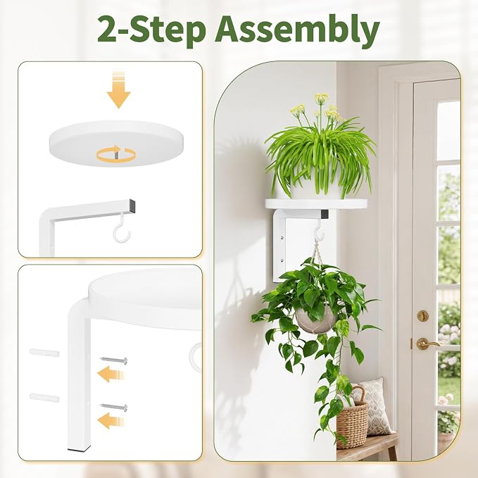 LASZOLA Plant Hangers Holder Wall Mounted Indoor, Metal Window Plant Shelves, 2Pcs Modern Floating Flower Display Stand with 2 Hooks for Outdoor Kitchen Bathroom Decor, White