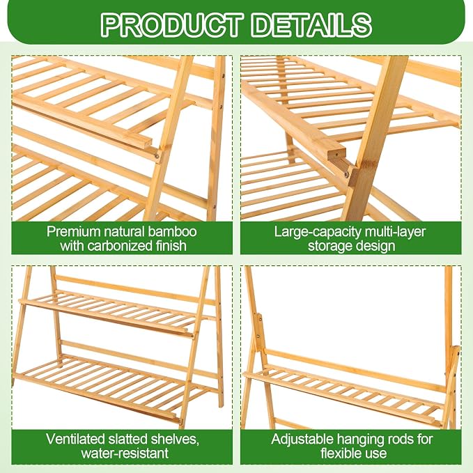 Leinuosen 2 Pcs 50.4" Bamboo 3-tier Tall Plant Stand with Hanging Shelf, Indoor & Outdoor Ladder Flower Pot Display Shelf Wooden Tall Foldable Plant Stand Holder for Garden Patio Balcony Living Room