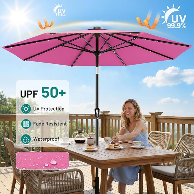 AreShark 9FT Patio Umbrella with Solar Lights, 32 Lighted Pool Umbrella w/Tilt and Crank, Outdoor Market Solar Umbrellas for Garden, Deck, Backyard, Pool and Beach, Rose Pink