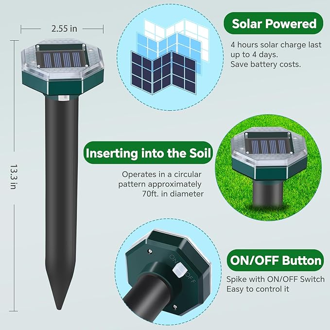 Mole Repellent Solar Powered - Ultrasonic Mole Repeller, Snake Repellent for Yard, Groundhog Skunk Vole Gopher Repellent for Lawns Garden Yard