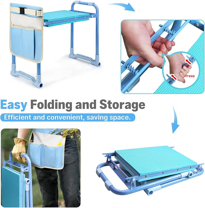 Garden Kneeler and Seat Heavy Duty, Foldable Gardening Stool Bench with Widened Thick Soft Kneeling Pad and Tool Pouches - 2-in-1 Portable Kneeling Device for Seniors (Blue)
