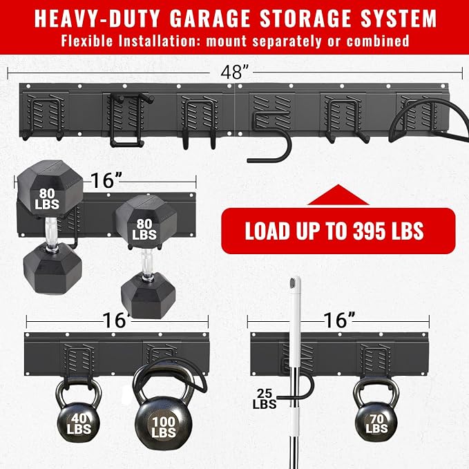Garage Tool Organizer Wall Mount, Easy to 48 inch Install Heavy-Duty Garage Storage System with 6 Adjustable Hooks, Garden Tool Rack for Shovels, Rakes, Yard Tools (Combo 3)