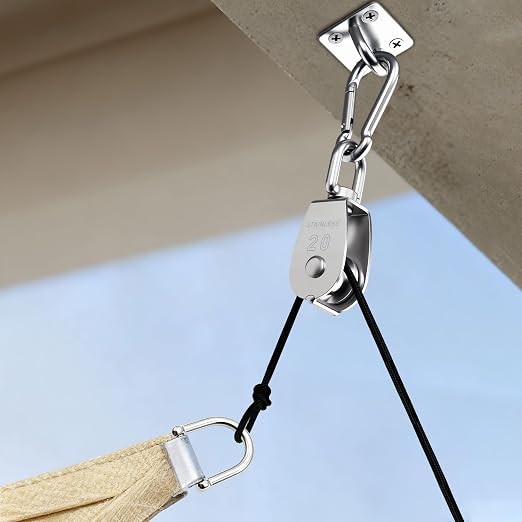 2 Sets M20 Cable Pulley System for Lifting Hanging, Including Heavy Duty Stainless Steel Single Pulley Block with 66FT Nylon Rope, Snap Hooks, Eye Pad Plate, Rope Cleat Hook, Loading 165lb