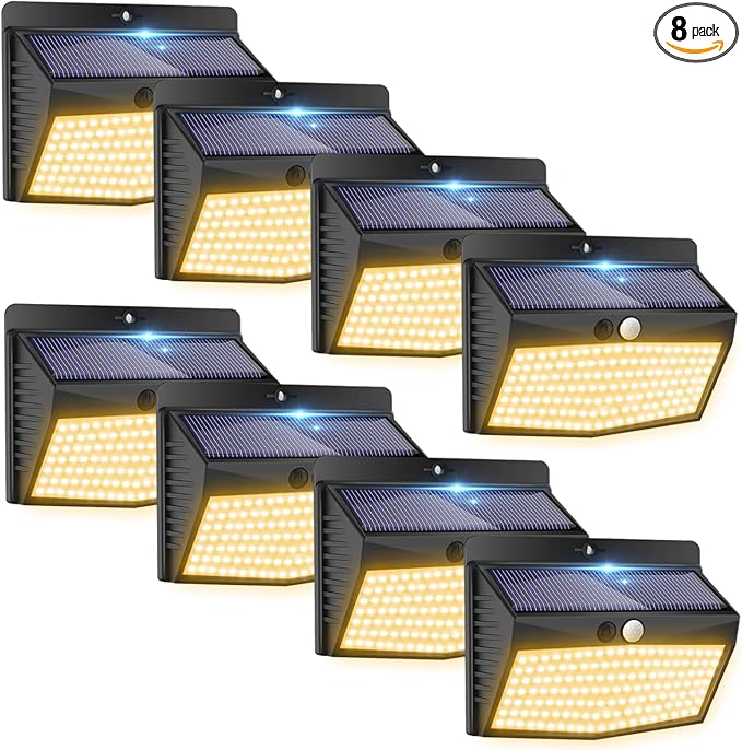 [138 LED/8 Packs] Solar Motion Sensor Lights Outdoor Waterproof with 3 Lighting Modes Wall Lights Solar Security Powered Lights for Garden Fence Yard Deck Garage, Warm White