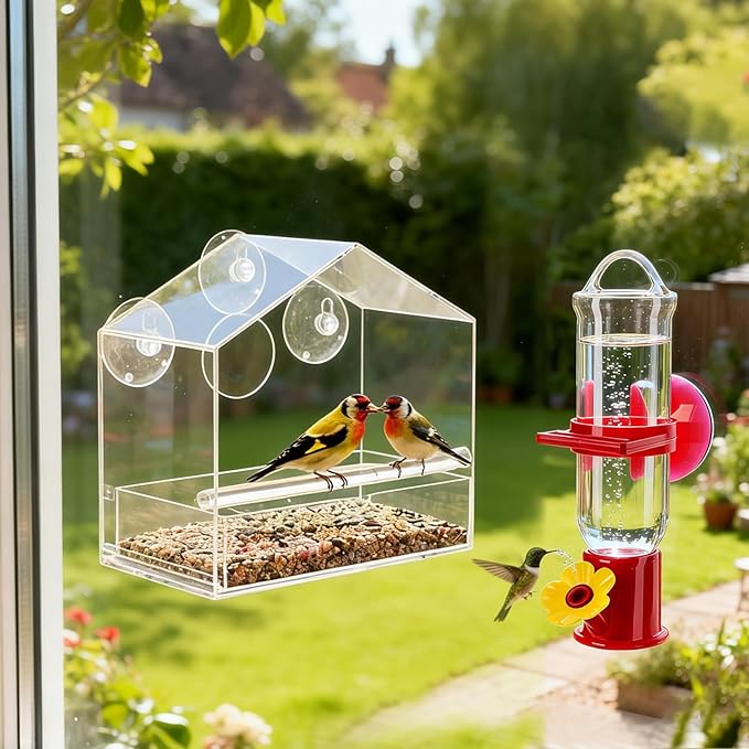 Window Bird Feeder with Hummingbird Waterer（2-Piece Set） - Extra-Large Window for Offer Easy Food & Water Access, Super-Strong Suction Cup, Easy Install & Clean, Sturdy Durable Outdoor Use.