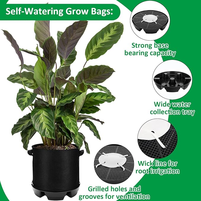 Jingmore 6 Set Self Watering Fabric Pot Base 3 Gallon Plant Nonwoven Grow Bags Automatic Watering System Plant Saucer Elevated Flower Trays with Handles for Fruits Vegetables Flowers Grow(Black)