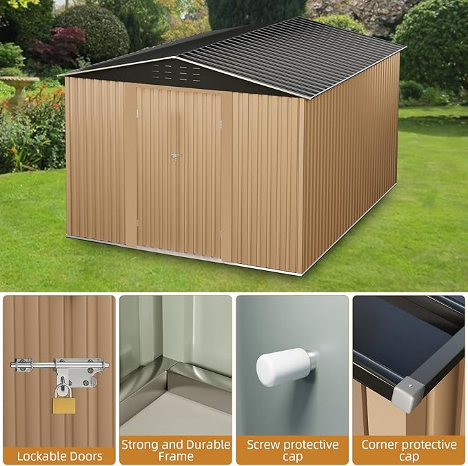 Garvee 10x10ft Metal Shed, Outdoor Garden Tool Storage Shed with Lockable Doors, Large Metal Shed with Sturdy Frame Structure, for Backyard, Patio, Lawn, Brown
