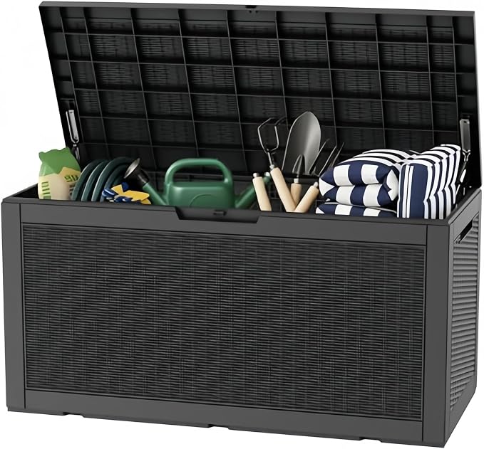 100 Gallon Deck Box, Waterproof Resin Rattan Outdoor Storage Box with Lockable Lid, Fade Resistant Patio Storage Box for Garden Tools, Pool Accessories, Outdoor Cushions, Black