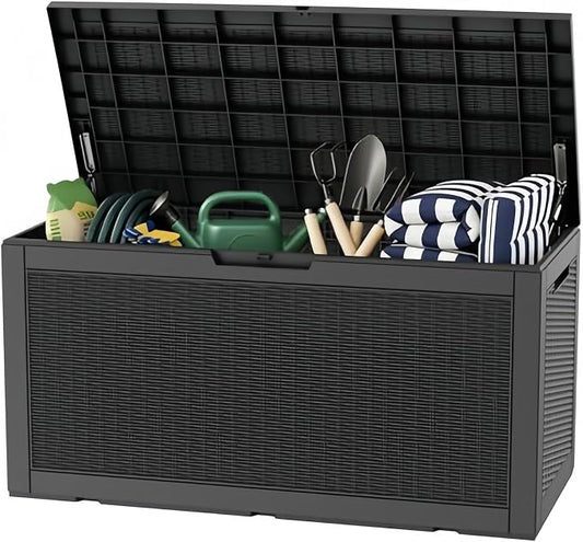 100 Gallon Deck Box, Waterproof Resin Rattan Outdoor Storage Box with Lockable Lid, Fade Resistant Patio Storage Box for Garden Tools, Pool Accessories, Outdoor Cushions, Black