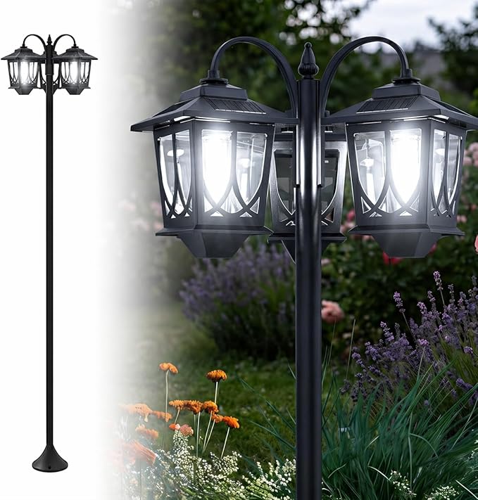 PEATOP 73” Solar Lamp Post Light, 3-Head Outdoor Solar Post Lights for Yard, Garden, Pathway, Aluminum Waterproof Dusk to Dawn Floor Lamp with Replaceable Bulbs, 6000K White Light