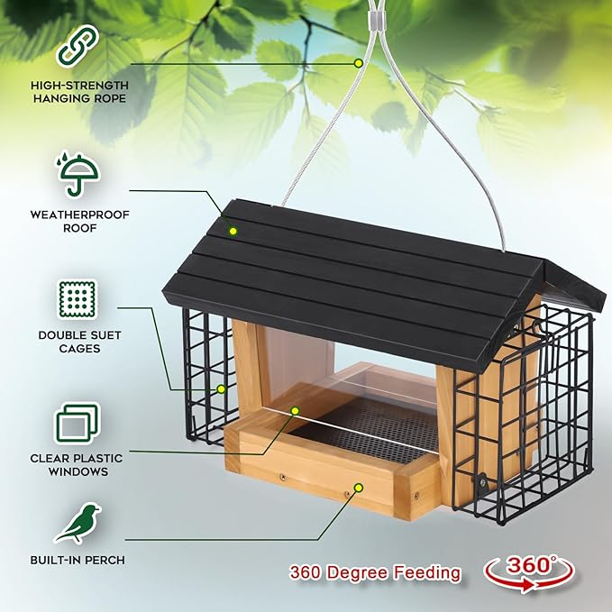 Gbekery Hopper Bird Feeder for Outdoors Hanging, Wooden Bird Feeder with Double Suet Cage and Large Seed Capacity, Cedar Wood Suet Feeder with Weatherproof Roof, Garden Decoration