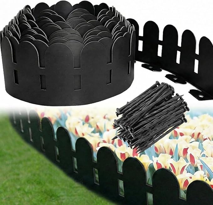 Landscape Edging Kit, 5.5IN x 49FT Flexible Plastic Garden Edge Borders for Landscaping, Lawn, Paving, Garden, Flowerbeds, Tree Rings, Yard, Pathway, Fence, Include 75pcs Spikes, Black