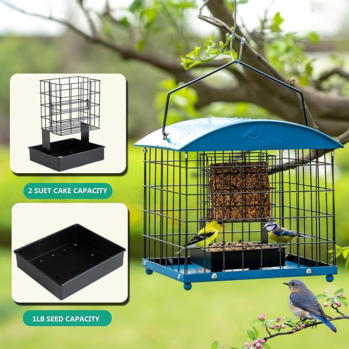 Caged Suet Bird Feeders Squirrel-Proof, Dual-Purpose Suet &Seed Wild Bird Feeders with Tray, Starling-Proof Metal Caged Bird Feeders Outdoors Hanging, 2 Suet Cakes+1lb Seed Capacity, Blue