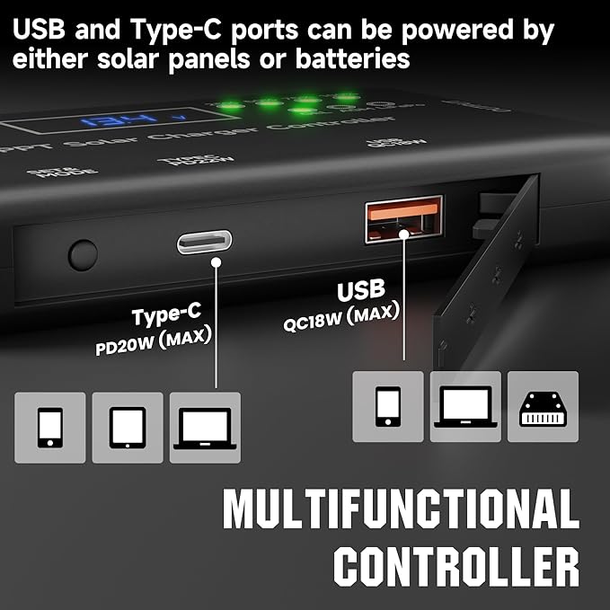 Sunapex MPPT Solar Charge Controller: 12V 10A Charge Controllers for Solar Panels with LCD Display LED Indicate Type-C USB Output - Smart Regulator for RV Boat Car Battery - Supports AGM Gel LiFePO4