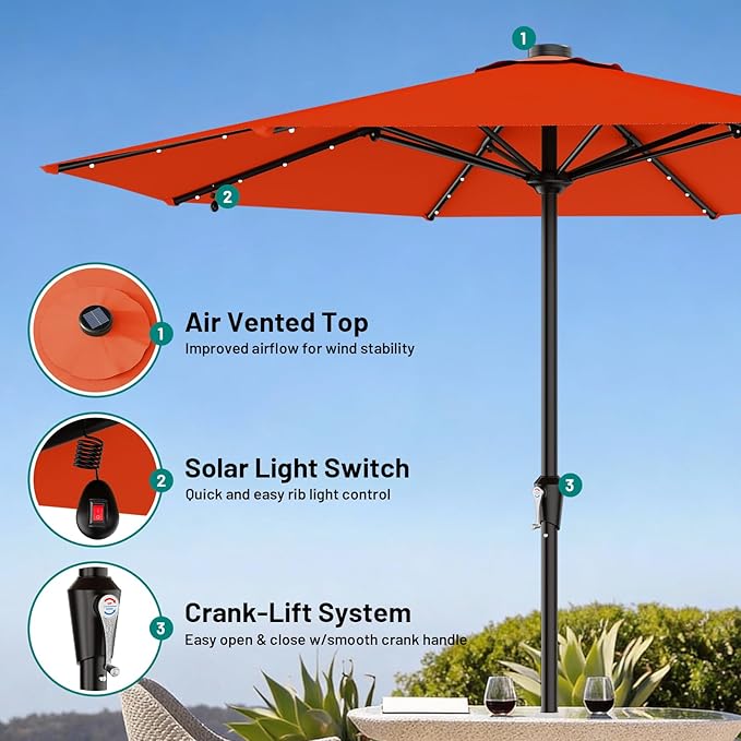 AreShark 11FT Large Patio Umbrella with Solar Lights, Lighted Solar Umbrella with Crank, Outdoor Table Market Umbrellas for Garden, Deck, Backyard, Pool and Beach, Orange
