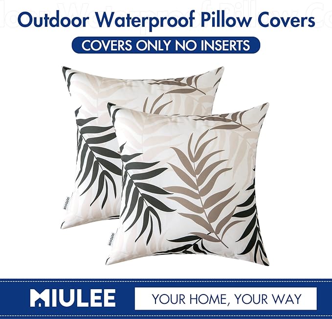 MIULEE Pack of 2 Decorative Outdoor Waterproof Throw Pillow Covers Patio Pillow Cases Natural Leaves Pattern Spring Square Cushion Shams Shell for Garden Balcony Couch 18x18 Inch, Coffee Brown