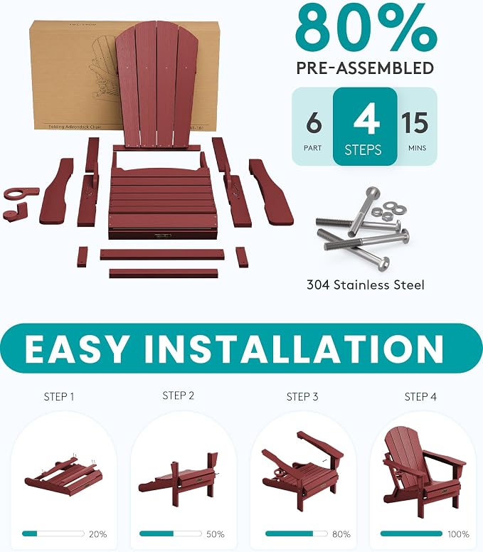 SERWALL Foldable Adirondack Chair Set of 2, Weather Resistant HIPS Patio Chairs with Cup Holder for Garden Outdoors Fire Pit Chairs- Red