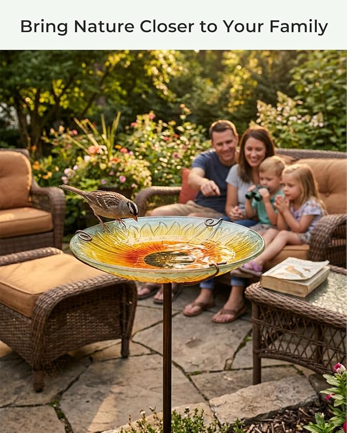 10.5" D Glass Bird Bath with Stake – Shallow Bird Bath for Outside Garden Backyard – Decorative Birdbath & Feeder for Patio Lawn – Hand-Painted Glass Water Dish, Sunflower