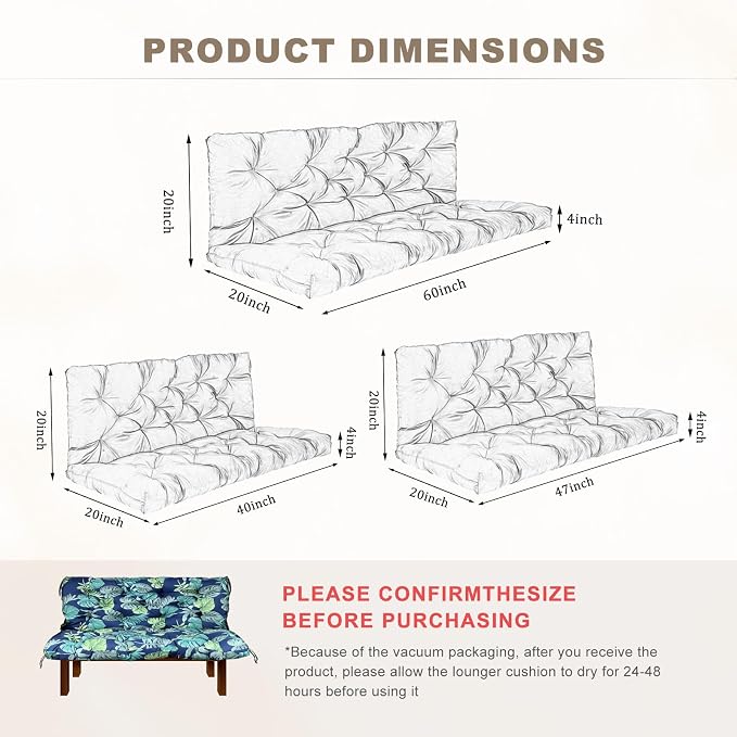 Porch Swing Cushion with Backrest,Waterproof Bench Cushion for Outdoor Furniture,2-3 Seater Replacement Thickened Swing Cushion with Ties,Patio,Outdoor,Backyard and Garden (Floral Navy,47x40")