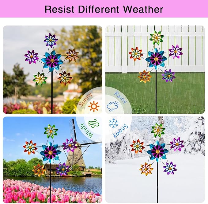 Stargarden Outdoor Kinetic Wind Spinner -24.4" D*74" H Large Metal Wind Sculpture, Flower Metal Wind Spinners for Garden Yard Patio