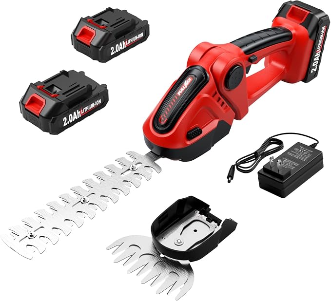 FULLYEA Cordless Hedge Trimmer & Grass Shears, 2-in-1 Electric Shrub Trimmer/Grass Trimmer with 2 Batteries, Handheld Grass Cutter Bush Trimmer, Battery Powered Hedge Trimmer for Garden,Lawn,Yard