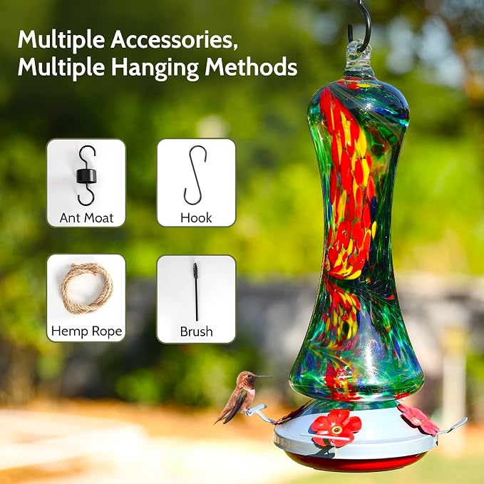 Glass Hummingbird Feeder for Outdoors: Window Hanging Hummingbirds Gifts for Women - Ant Moat Included, Metal Base with 4 Feeding Ports & Perch, Leak Proof, 38 fl.oz, Best Garden Decor