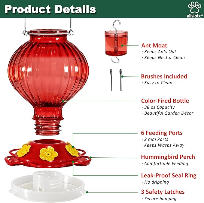 Glass Hummingbird Feeder for Outdoors Hanging, 38 oz Nectar Capacity, 6 Feeding Ports, Leak-Proof Rust-Free Plastic Base, Easy to Refill & Clean, Decorative Red Glass Bird Feeder for Garden Patio