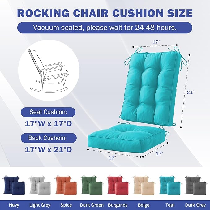 IPYNBAP Rocking Chair Cushion, Waterproof and Fade-Resistant Patio Chair Cushions, Tufted Chair Pads for Rocker Furniture, 17x17 Inch, Indoor/Outdoor Seat Cushions with Ties, Teal Blue (Pack of 2)