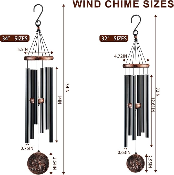 Wind Chimes for Outside, Vintage Deer Deep Tone Wind Chime Outdoor Clearance, Patio Porch Balcony Decoration, Garden Hanging Decor for Women Mom Grandma (32" Deer)