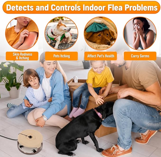 2 Pack Flea Traps for Inside Your Home with Auto Cycle Mode 40-Min Work & 5-Min Rest Mode, Refillable Indoor Flea Trap with 8 Sticky Pads, Indoor Flea Trap for Fleas, Moths & Gnats
