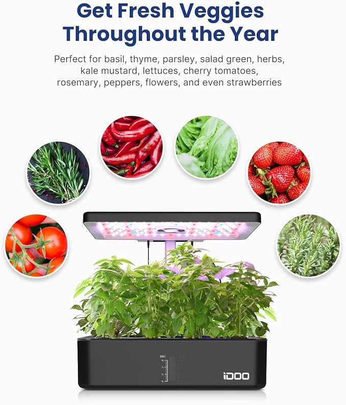 iDOO Mothers Day Gifts, Hydroponics Growing System Kit 12Pods, Indoor Herb Garden, with LED Grow Light, Built-in Fan, Auto-Timer, Adjustable Height Up to 11.3", for Home School Office, Gifts for Women
