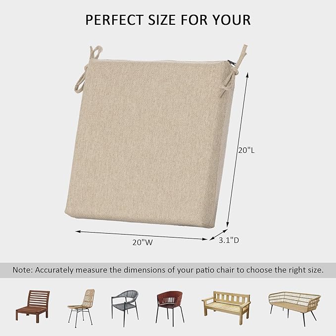 Outdoor Chair Cushions Set of 4,350GSM Fabric,Water-Resistant UV Resistant Weather Resistant with YKK Zippers, Square Corner Patio Chair Cushions with Ties, 20"x20"x3.1",Sand
