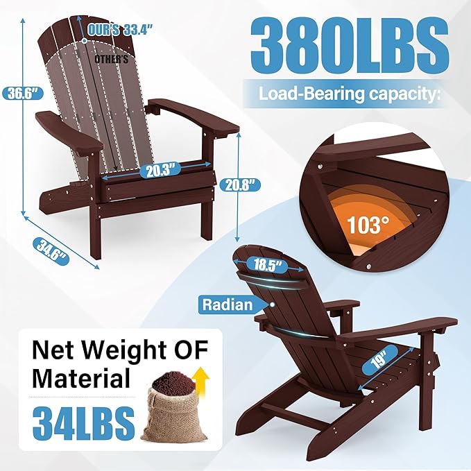 YEFU Adirondack Chairs Set of 2: Outdoor Chair HIPS Plastic Adirondack Chairs - Patio Chairs with Wood Texture - Lawn Fire Pit Deck Porch Garden Chairs for Adults(Coffee)