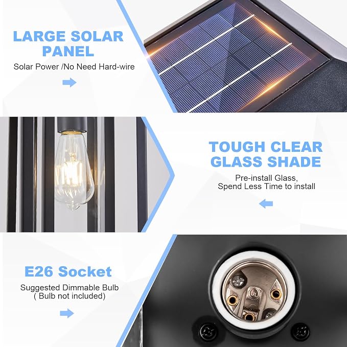 Solar Lamp Post Lights for Outdoor with Pier Mount Base, Waterproof Pole Lights Head with Dusk to Dawn Sensor, Exterior Solar Powered Pillar Lights Fixture for Yard, Garden, Pathway, Black