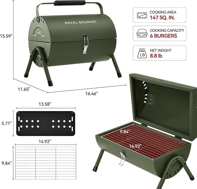 Royal Gourmet CC1015L Portable Charcoal Grill, 147 Sq. In. Cooking Area, with Four Air Vents, Lid Latch Buckle, Lid Handle, for Outdoor Backyard, Patio Parties and Picnics, Olive Green