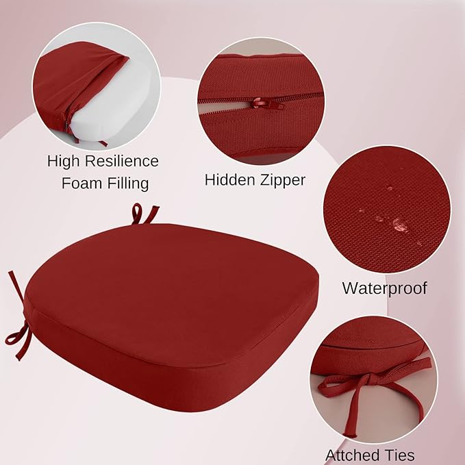 idee-home Outdoor Chair Cushions Set of 4, 19" x 19" x 3" Thick D-Shaped Patio Furniture Outdoor Seat Cushions Waterproof with Ties, Dining Pads