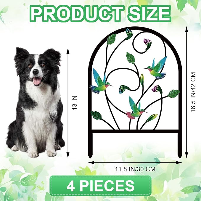 4 Pack Hummingbird Decorative Garden Fence Metal Hummingbird Design Metal Arch Garden Fence Border for Yard Patio Flower Bed Lawn Outdoor Landscape Decoration Animal Barrier Fence for Garden