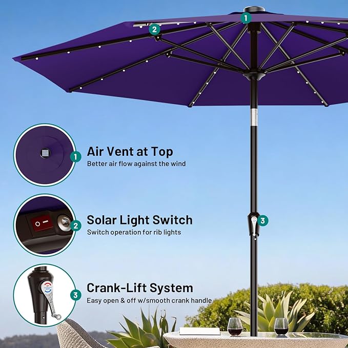 AreShark 9FT Patio Umbrella for Outdoor, Lighted Pool Umbrella w/Tilt and Crank, Outdoor Uumbrellas for Patio, Garden, Deck, Backyard, Pool and Beach, Deep Purple