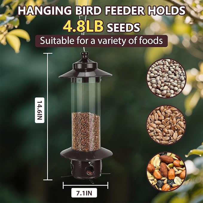 Bird Feeder for Outdoors, Hanging Squirrel Proof Bird Feeders for Outside with 4.8 Lb Capacity, 4 Ports Tube Metal Wild Birdfeeders for Garden Yard Decoration Viewing Cardinal