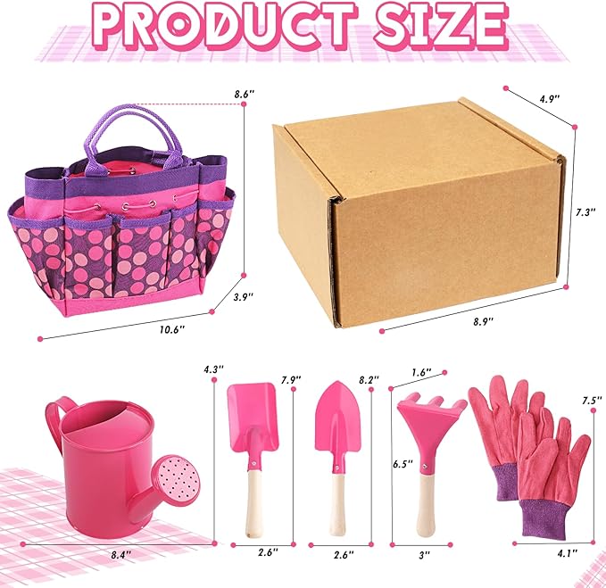Kids Gardening Tools Set, Toddler Play Kit Child Outdoor Toy with Gloves, Watering Can, Metal Shovel, Rake, Spade & Storage Bag, Backyard Sand Digging Holiday Birthday Gift for Boy Girl 3 4 5 (Pink)