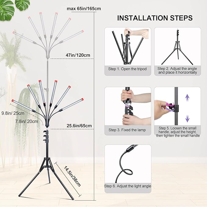 54 Watt Grow Lights for Indoor Plants with Stand, Standing Tall Plant Light, 4,8,12,16,20H Timer, Full Spectrum Bonsai Tree Grow Light, 24"-64" Adjustable Tripod Stand Plant Growing Lamps