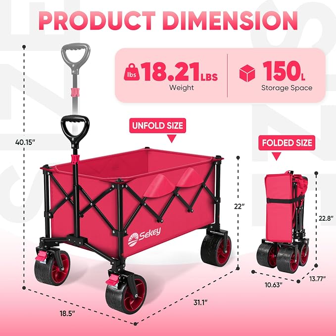 Sekey 150L Wagons Carts Foldable with Big All-Terrian Beach Wheels, Collapsible Heavy Duty Wagon, Extra Large Folding Wagon, Foldable Wagon for Camping, Garden, Sports. Pink