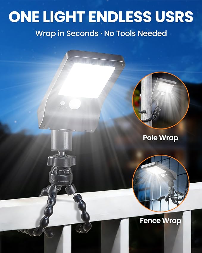 Solar Fence Lights Outdoor, 60 LEDs Motion Sensor Security Light with Flexible Octopus Tripod, 3 Lighting Modes, Adjustable Angle for Fence Deck Camping Patio (2)