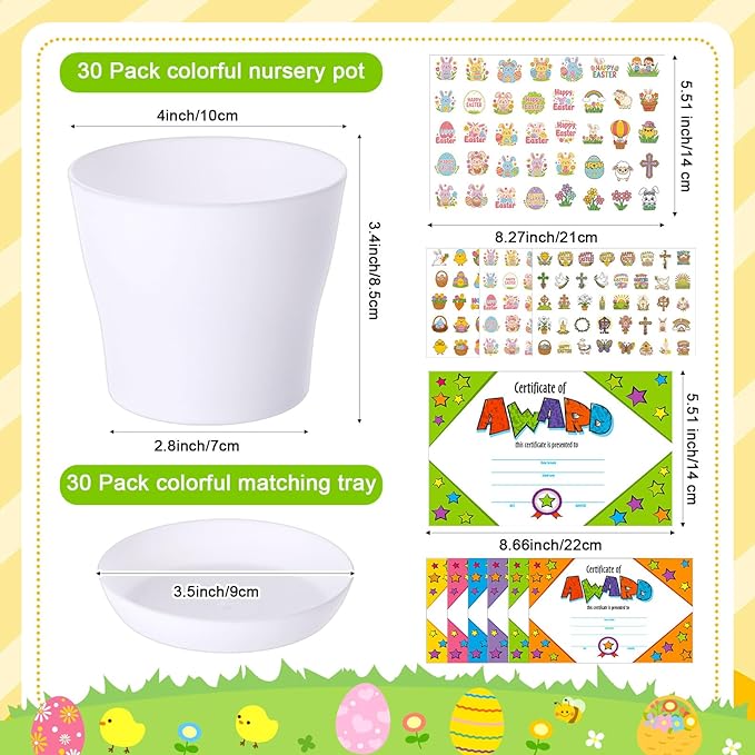 Domensi 30 Pack Garden Pot Craft Kit 4 Inch DIY Religious Crafts for Kids Bulk Small Plastic Spring Flower Plant Pot Plastic Planter with Tray Drainage Holes with Tag, Certificate of Award, Sticker