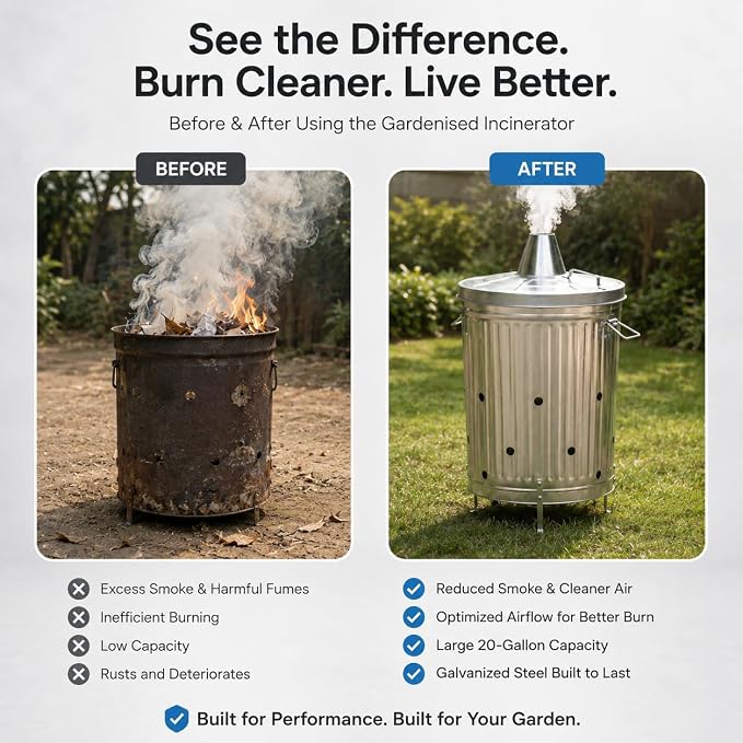 Gardenised 20-Gallon Galvanized Steel Incinerator Can with Lid & Vent Holes, High-Heat Outdoor Burn Bin for Leaves, Paper, Yard Waste & Garden Debris, Silver